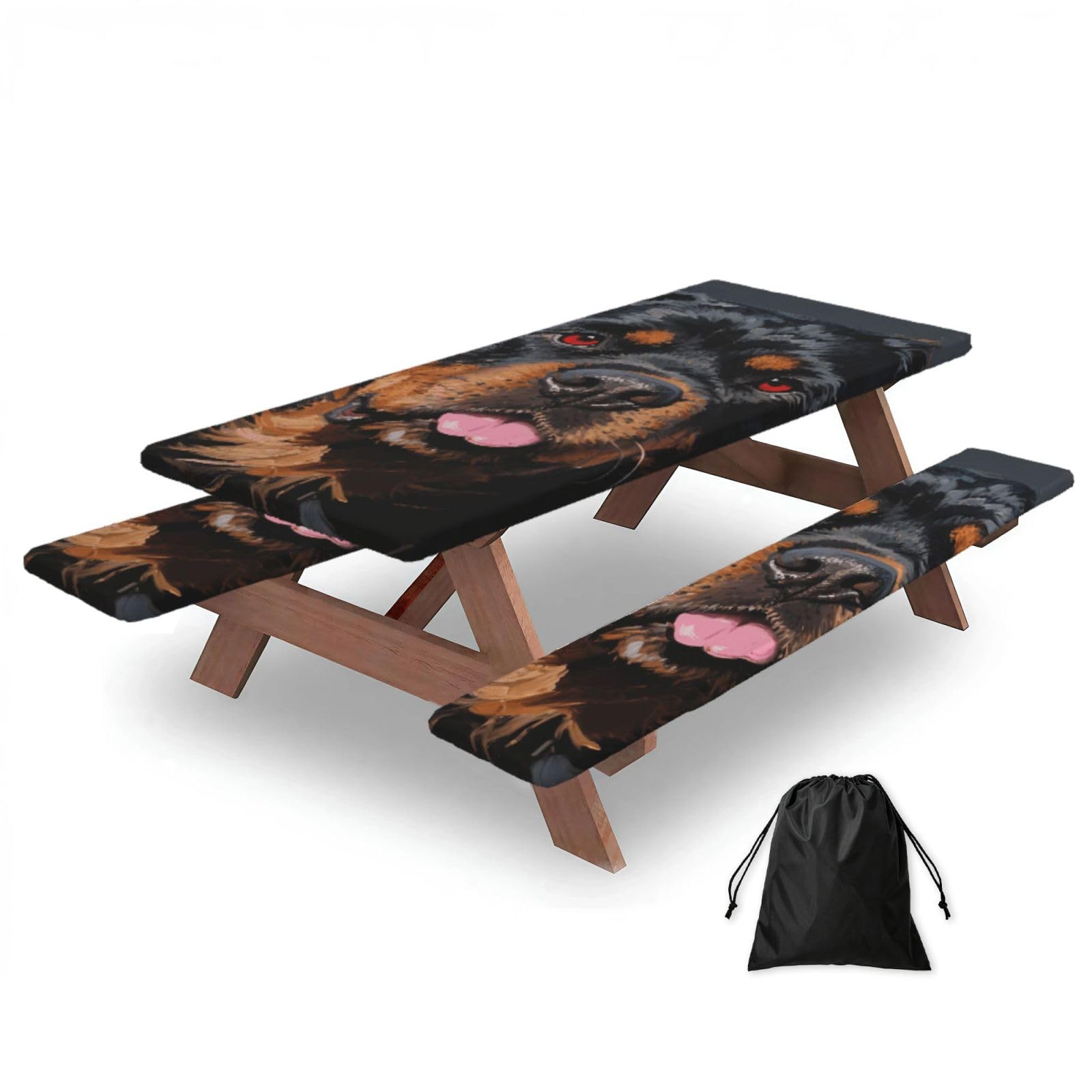 FekiLoot Cool Rottweiler Dog Art Picnic Table Cover with Bench Covers and Bag, Windproof Waterproof Rectangle Tablecloth with Elastic Edges Fitted Camping Table Covers Portable Camping Accessories