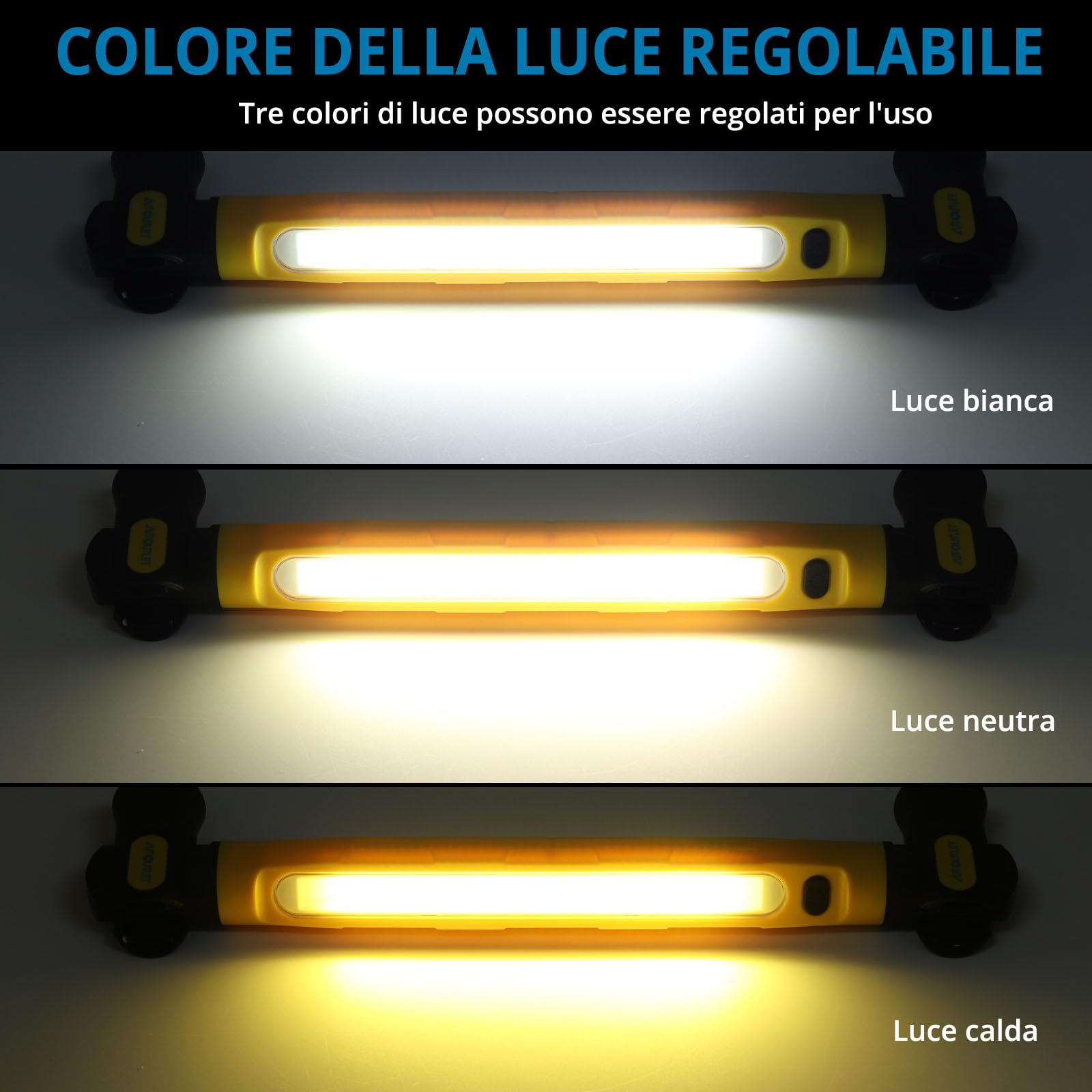 AUTOUTLET 1 Pezzo Lampada da Lavoro LED Ricaricabile COB 6000mAh 3000LM,Lampada di Ispezione Magnetica Portatile con Ganci,3 Modalità e Rotazione di 360°per Campeggio Officine e Garage,Impermeabile