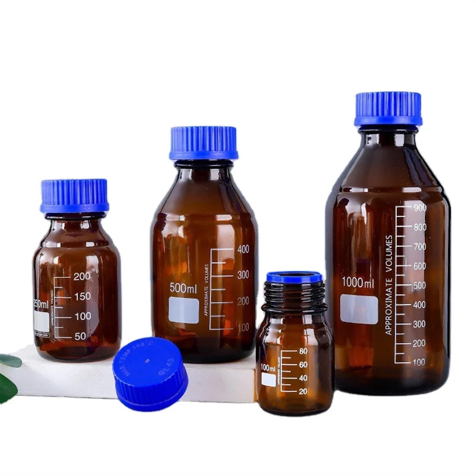 Botella de vidrio para reactivos de laboratorio, Frasco de vidrio de boca ancha con rosca for muestreo de reactivos, sellado con tapa azul seda, paquete de 2, marrón