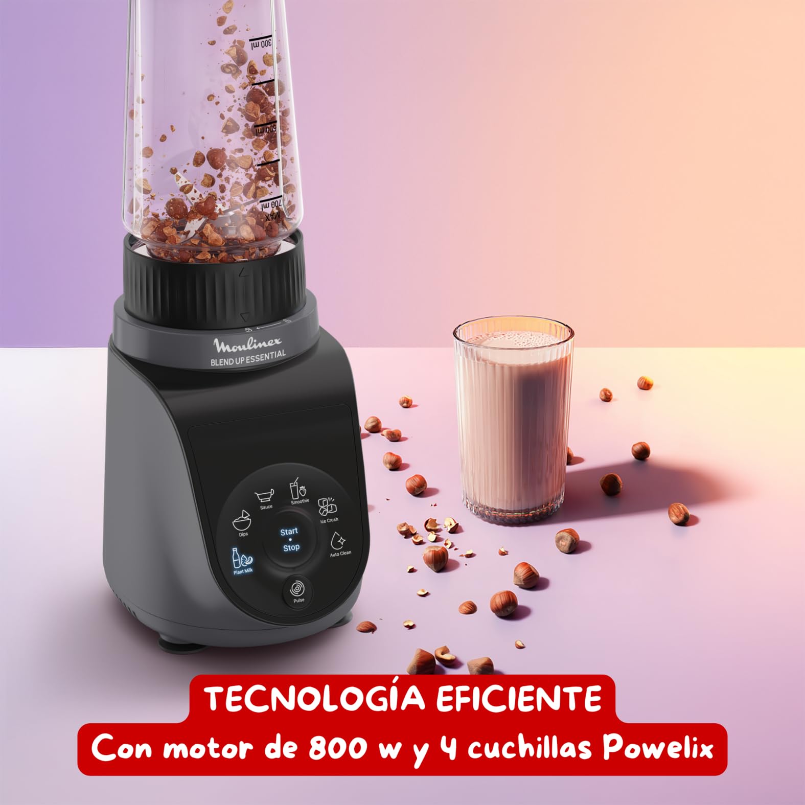 Moulinex Blend Up Essential, Batidora de vaso, 800 W, 6 Programas automáticos, 2 Botellas con tapa para llevar, Cuchillas Powelix, Color Gris, LM1EHBF0