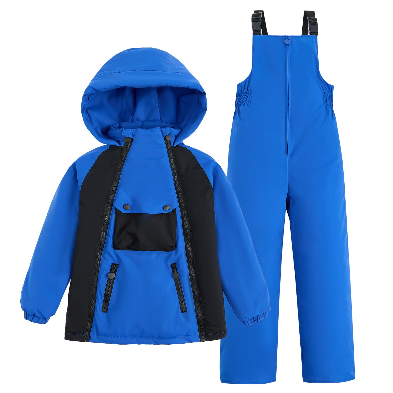 JiAmy Combinaison de neige 2 pièces pour enfants avec veste matelassée à capuche et pantalon à bretelles – Tenue ultra légère pour garçon et fille