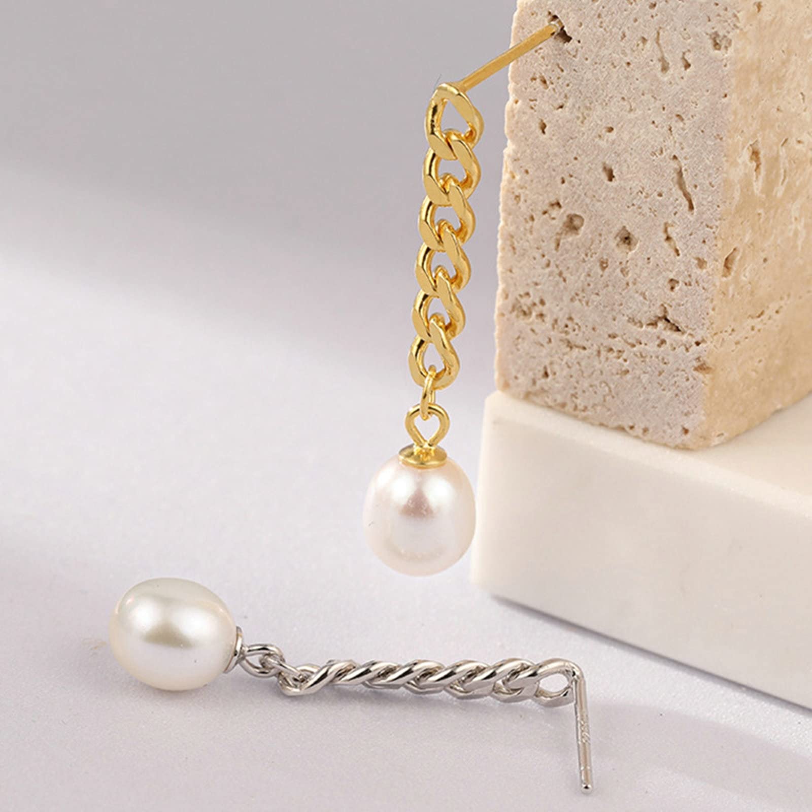 Schlichte Ohrringe für Damen, Creolen aus Sterlingsilber, Tropfenohrringe, Kette, baumelnd, mit Perle