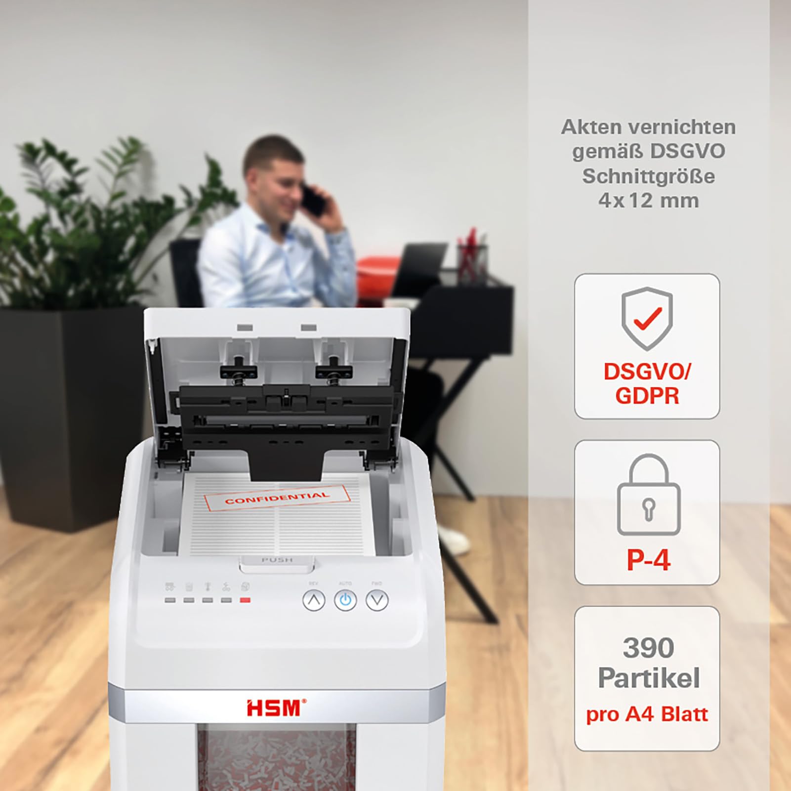 HSM shredstar Autofeed X300 - Trituradora de papel, 300 hojas, para oficina, oficina en casa, clips de papel, tarjetas de crédito, 4 x 12 mm, nivel de seguridad P4, depósito de 30 litros