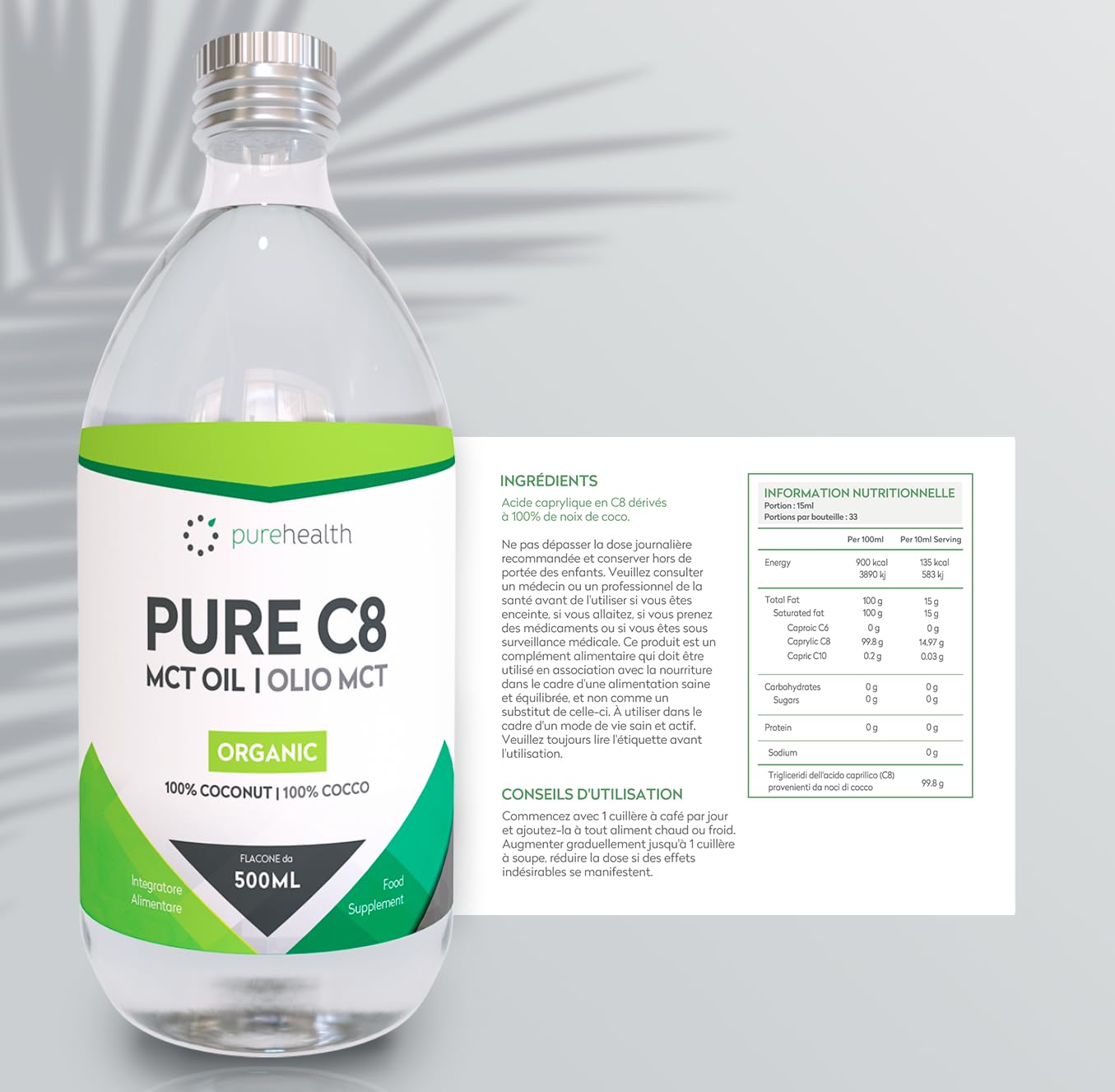 Huile de noix de coco MCT 100%| Acide caprylique C8 | Paléo | Cétone | Végétalien | Sans gluten | Bouteille sans BPA (500ml Biologique C8)