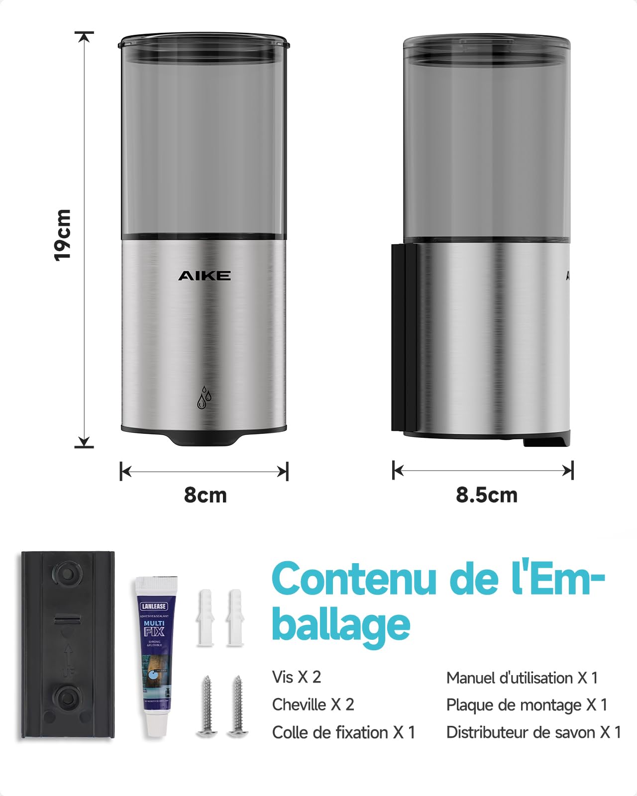 AIKE Distributeur de Savon Automatique pour Liquide, Montage Murale pour Cuisine et Salle de Bain, IPX7 Étanche avec 400ml Acier Inoxydable Brossé