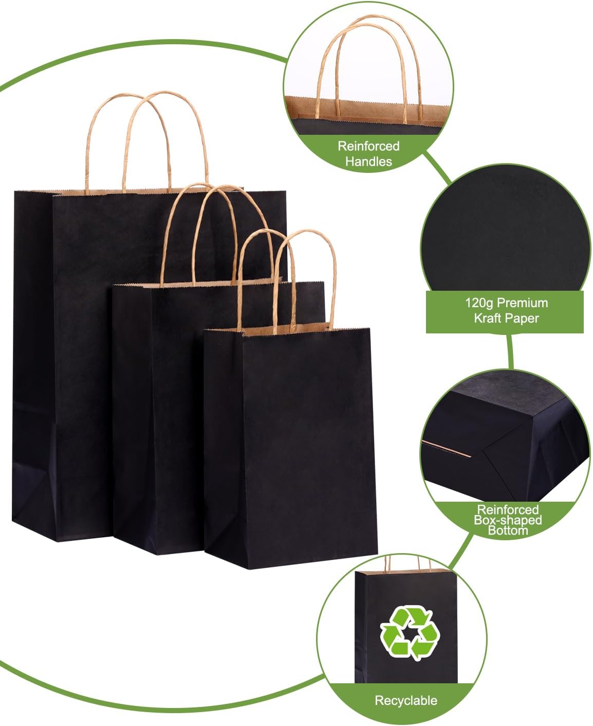 OUTUXED 100pcs Black Paper Bags with Handles Bulk Gift Bags 8/9.3/12.6 Inch- Assorted Sizes for Party Birthday & Retail Business