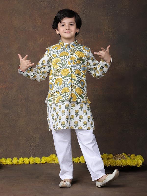 Image of superminis Boys Cotton Printed Full Sleeves Kurta With Ajrakh Printed Jacket and Pyjama Set