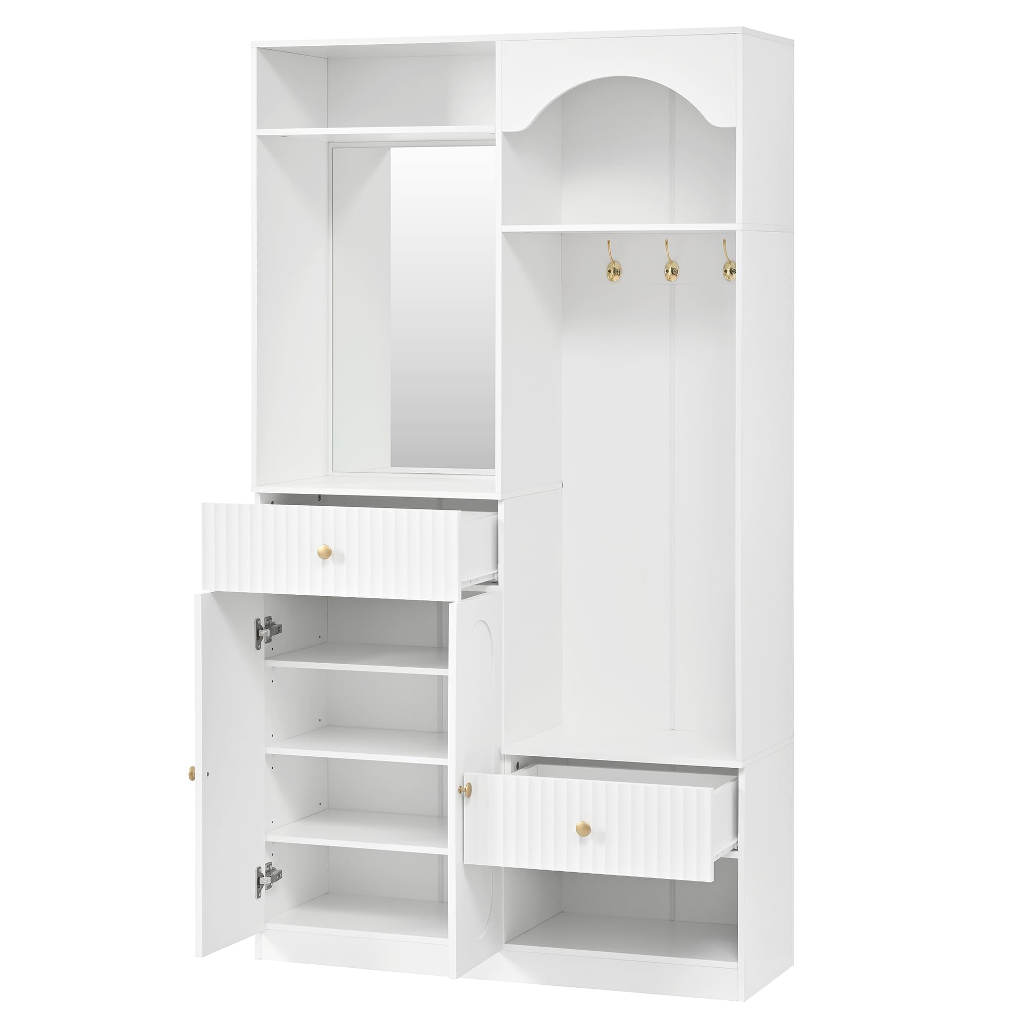 Perchero compacto con espejo, banco y zapatero, con gancho, juego de muebles de pasillo, color blanco