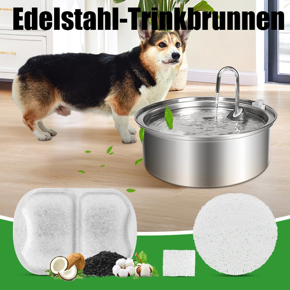 Der antibakterielle Trinkbrunnen mit Filtration, Hundewasserschale, 3.2 l Pawdrate Hunde-Wasserbrunnen mit Filter, Edelstahl Hundebrunnen, für Hunde und Katze (A, 3.2L)