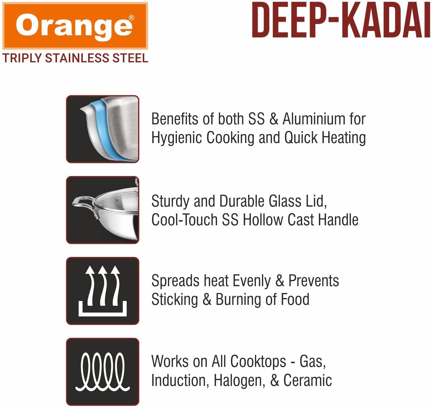 Orange Triply Stainless Steel Deep Kadai with Glass Lid 2.0 litres Capacity (20 cm Diameter) | 20 cm Heavy Bottom with Cool Touch Handle | Silver (Induction and Gas Stove Friendly) | 5 Year Warranty