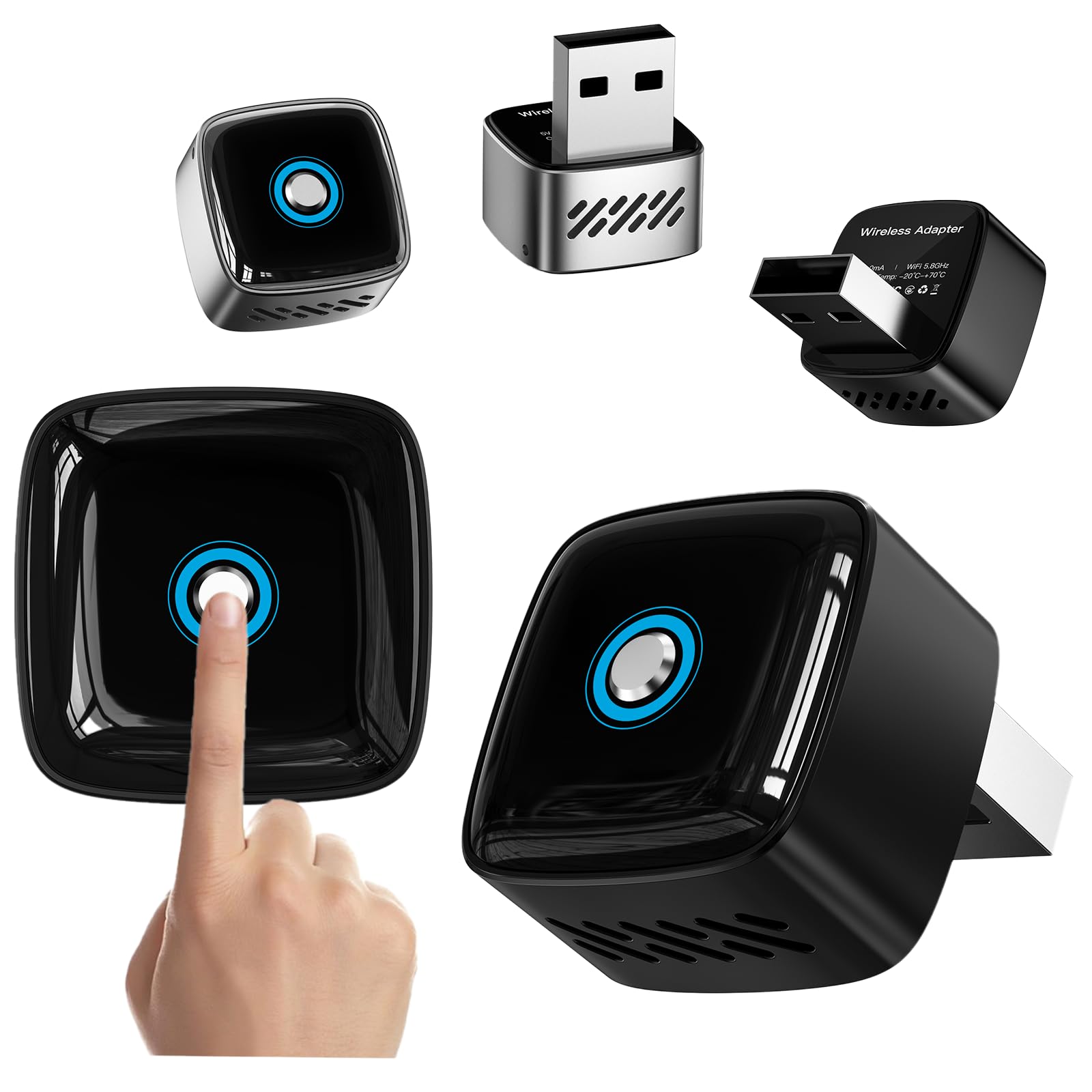 Adattatore Wireless CarPlay e Android Auto 2 in 1, Dongle Nero Ultra Mini con Pulsante Interruttore per 2 Dispositivi, WiFi 5,8 GHz, Plug & Play, USB-A/USB-C, OTA per Auto con CarPlay/Android Auto