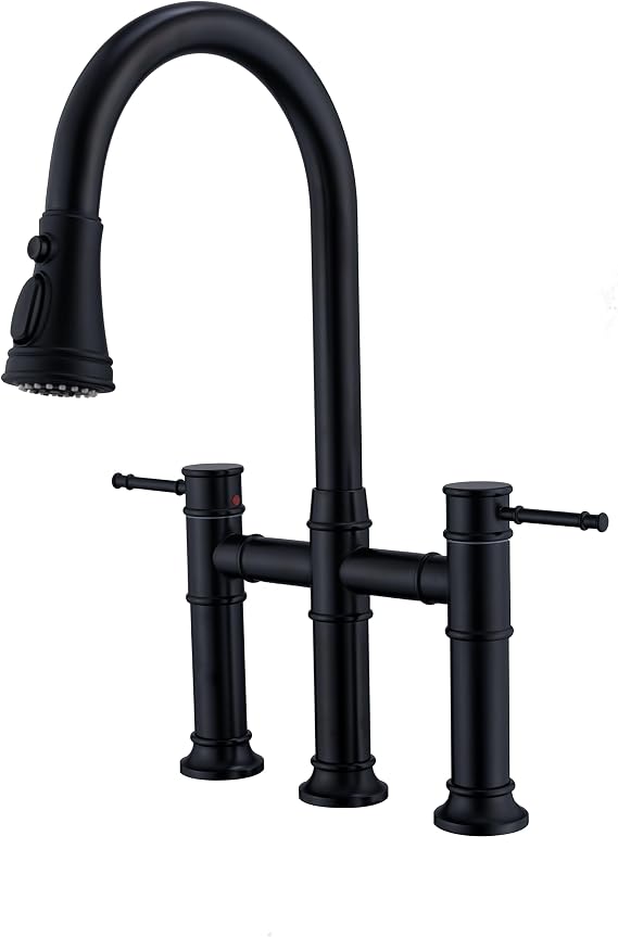 Bridge Kitchen Faucet with Pull Down Sprayer - 3-Hole Stainless Steel Construction, 8 Inch Centerset Two-Handle Design, 360 Swivel Spout for Kitchen Sinks Matte Black