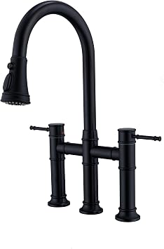 Bridge Kitchen Faucet with Pull Down Sprayer - 3-Hole Stainless Steel Construction, 8 Inch Centerset Two-Handle Design, 360 Swivel Spout for Kitchen Sinks Matte Black