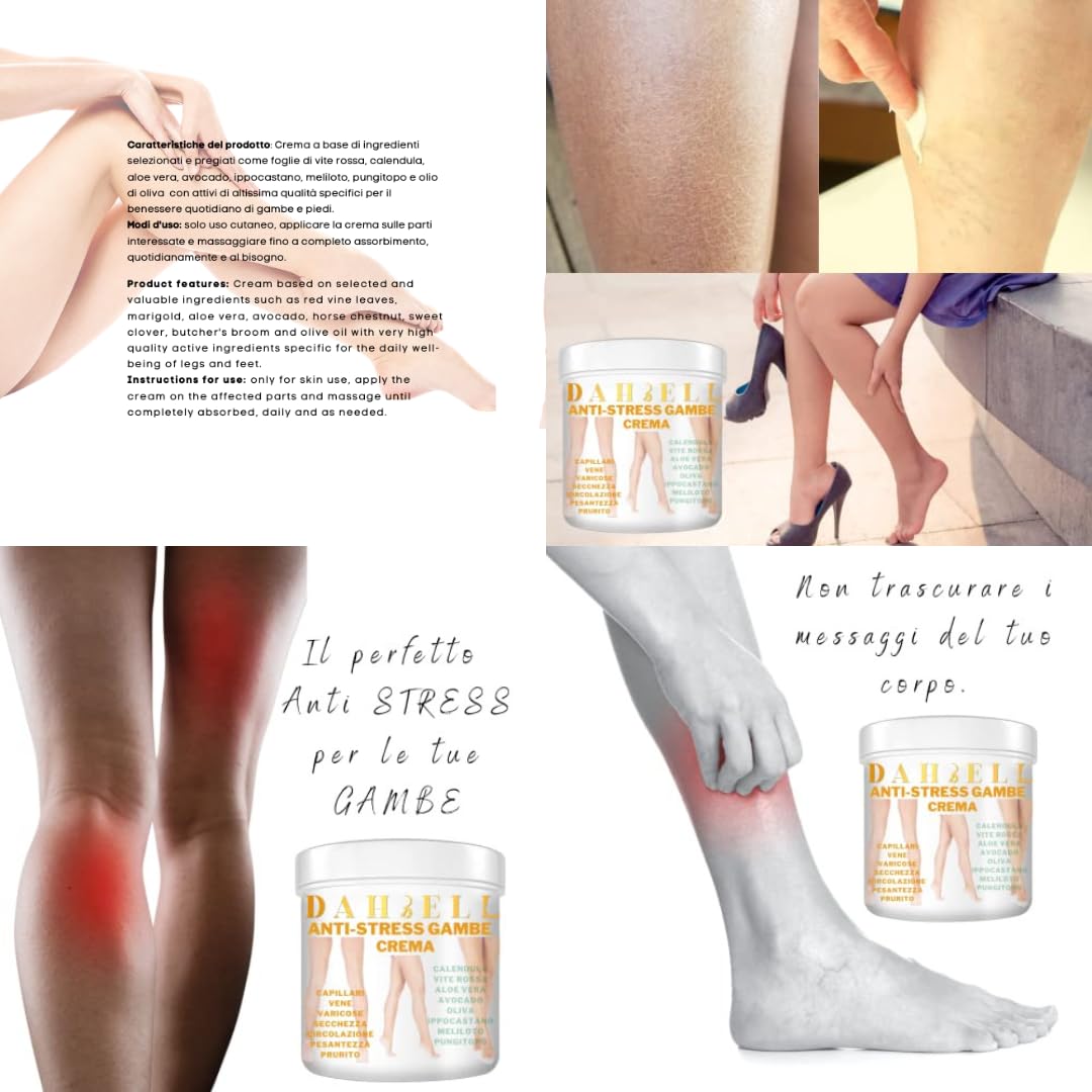 Crema per vene varicose capillari rotti circolazione gambe piedi pesanti gonfie e stanche idratante con vite rossa calendula ippocastano aloe vera rinfrescante gambe dahbell