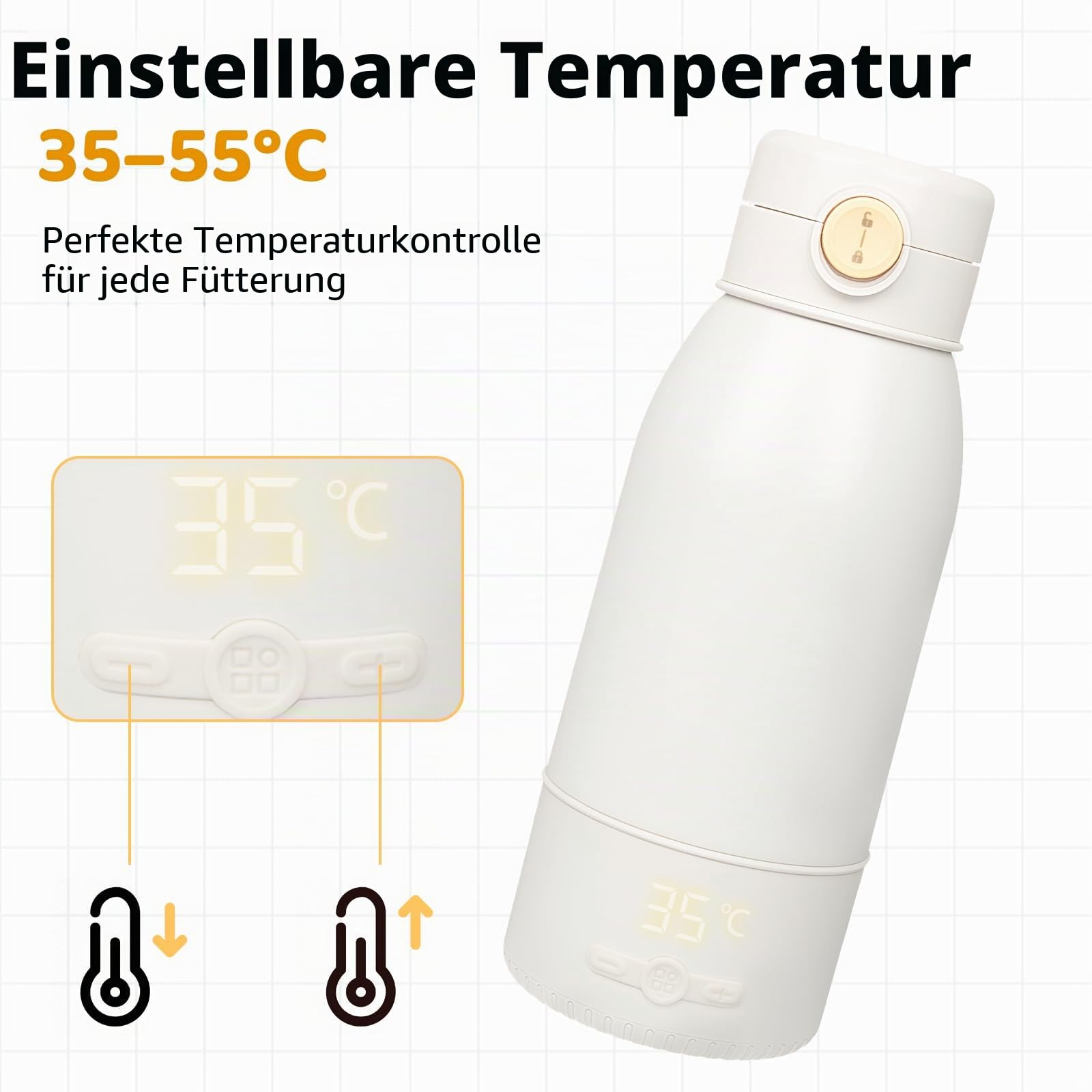 Tragbarer Flaschenwärmer Baby Unterwegs - Große 500ml Kapazität, Pasteurisierung, Kindersicherung gegen, 24 Stunden konstante Temperatur für den Ganzen Tag, Schnelles Aufheizen Muttermilch und Wasser | Große 500ml Kapazität, Pasteurisierungsfunktion, Kind