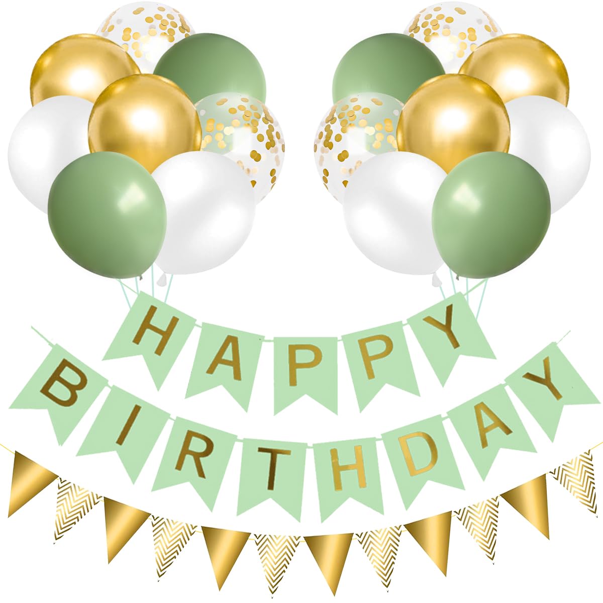 Happy Birthday Banner and Bunting, Green Happy Birthday Decorations, 16pcs 12 inch Sage Green White Gold Balloons Helium Balloon with Green Ribbon for Men Women Girls Boys Birthday Party Decorations