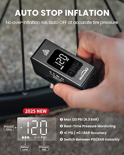Miniatura 3 de Magicshine AIRRO Mini bomba de bicicleta, bomba eléctrica de bicicleta máxima de 120 PSI, parada automática, con manómetro digital con válvula