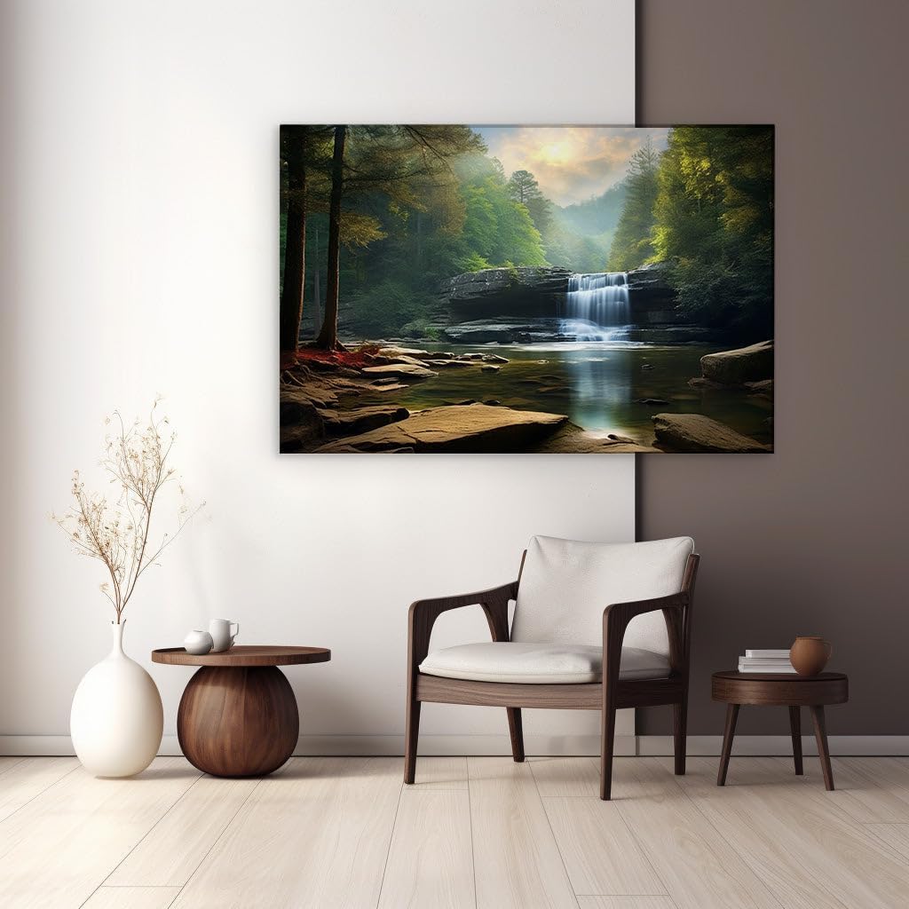 Canvas for Living room. Whispering Waters and Whispering Woods Embrace Serenity's Touch, 27 x 18 inch Canvas Wall Art - Ready to Hang
