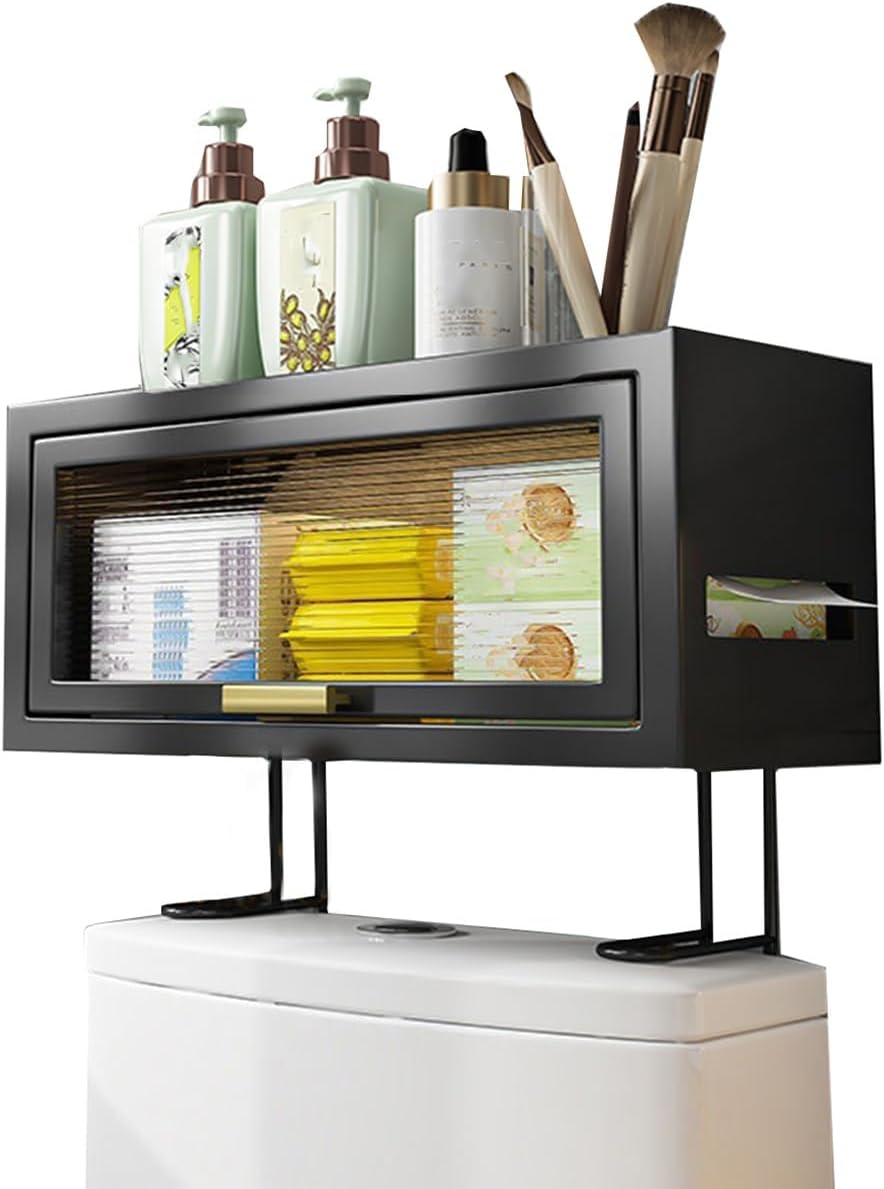 Over The Toilet Storage Shelf with Doors, Above Toilet Storage Wall Mounted, Over The Toilet Rack Metal, Freestanding Multi-Functional Toilet Organizer Bathroom Space Saver (Color : /White B) (/Blac