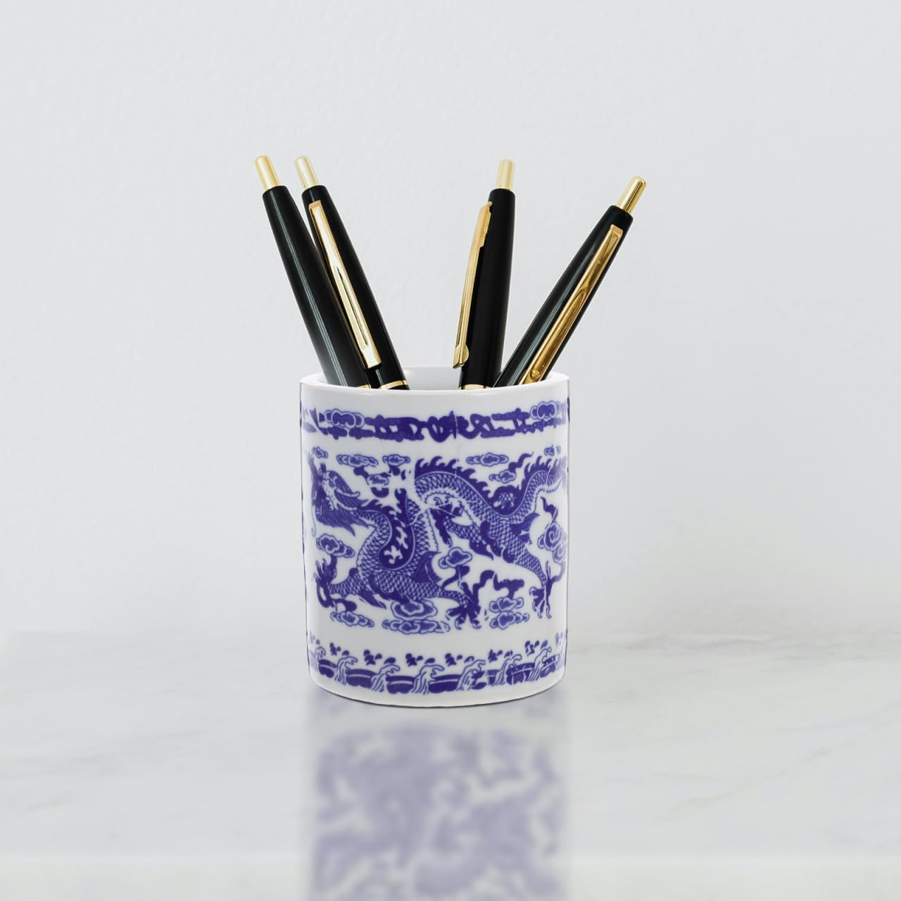 Ceramic Pencil Holder Pen Storage Container, Multifunctional Desktop Organizer for Home Office School, Blue White Decorative Pen Holder, 4.72 X 3.93 Inches