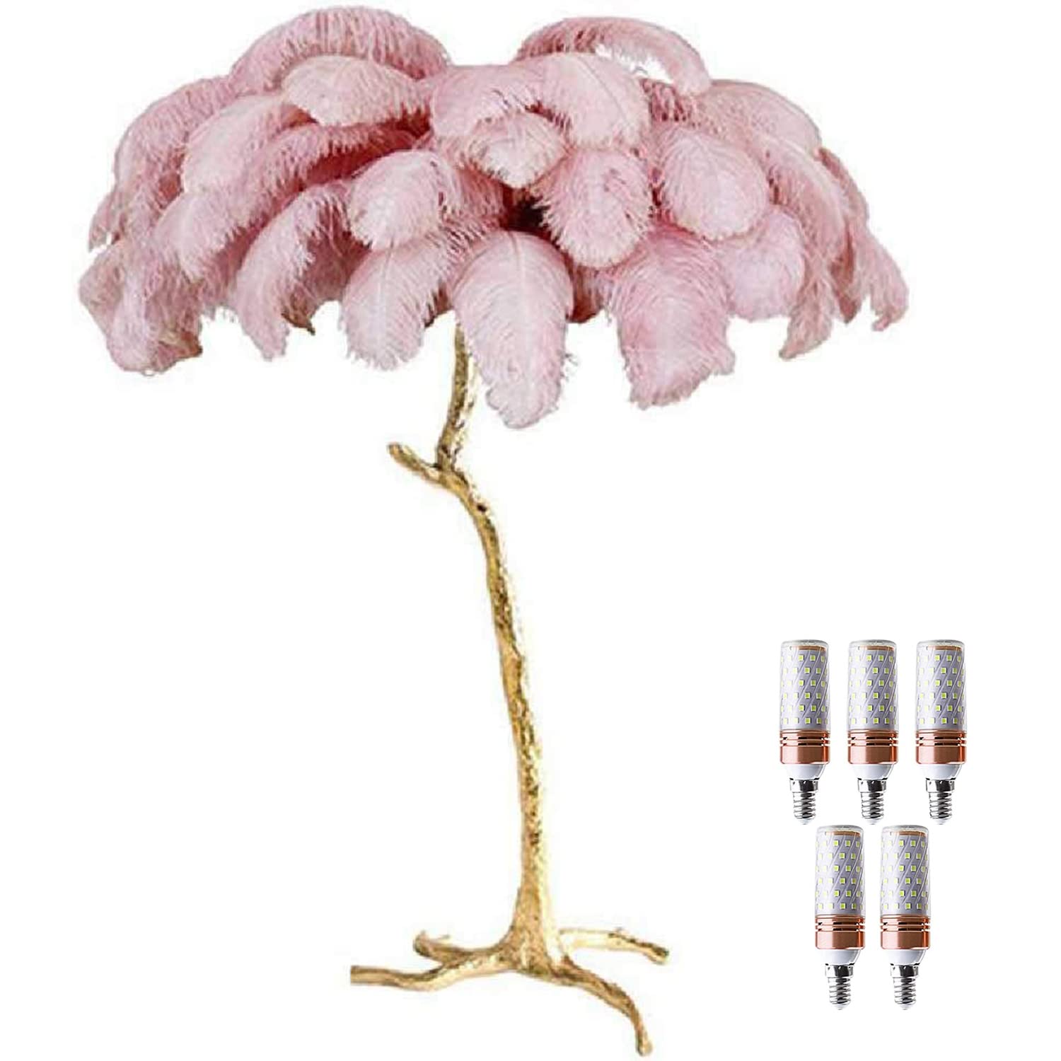 BAHOJAS LED Dimmable Floor Lamp With Natural Ostrich Feathers - Modern Luxury Resin Standing Lamp For Living Room, Home & Office Decoration