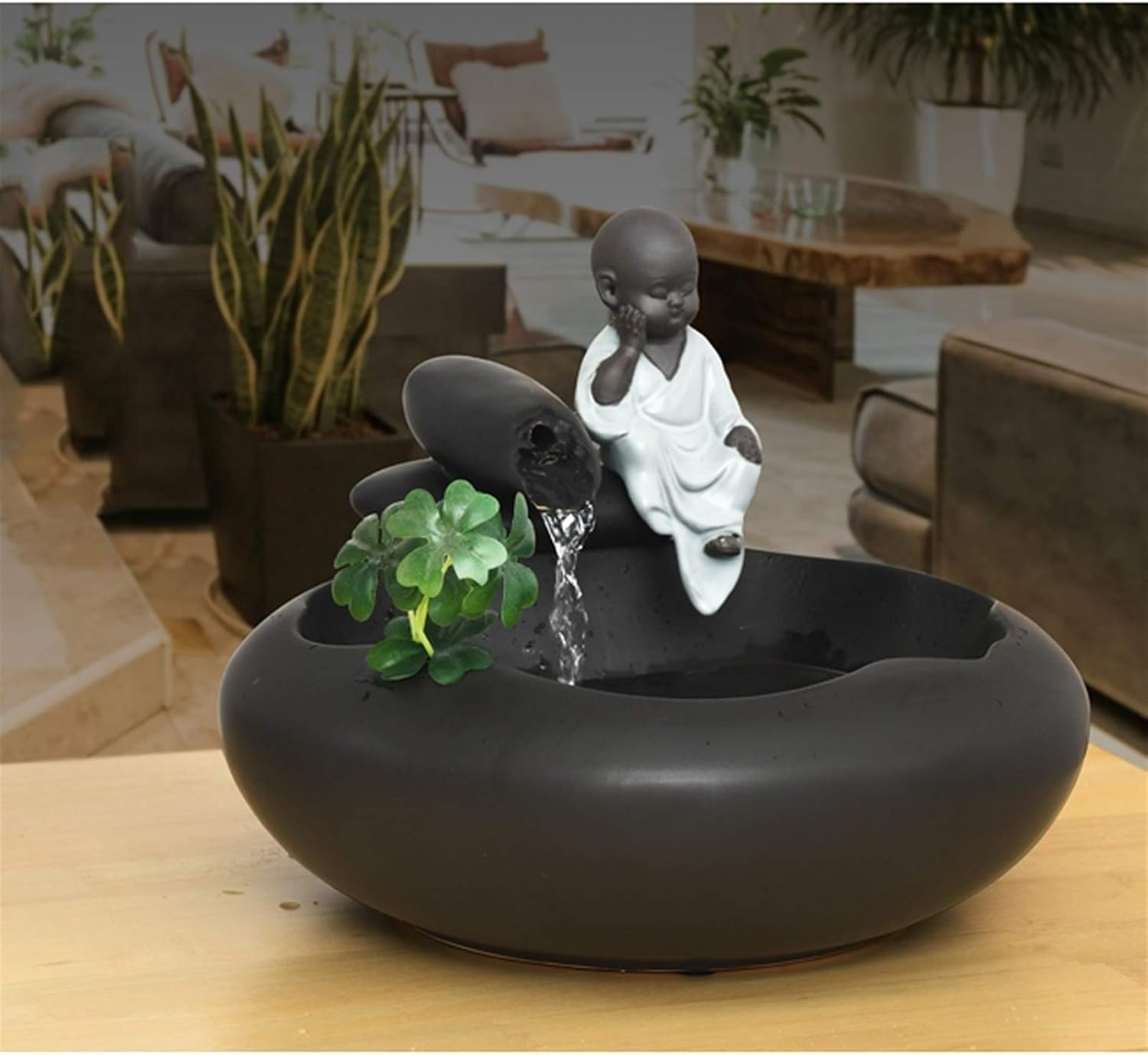 Tabletop Fountain Indoor Tabletop Decorative Fountain Ceramics Zen Meditation Waterfall Desktop Fountain Includes Submersible Pump Desktop Fountain(Color:Black-1)
