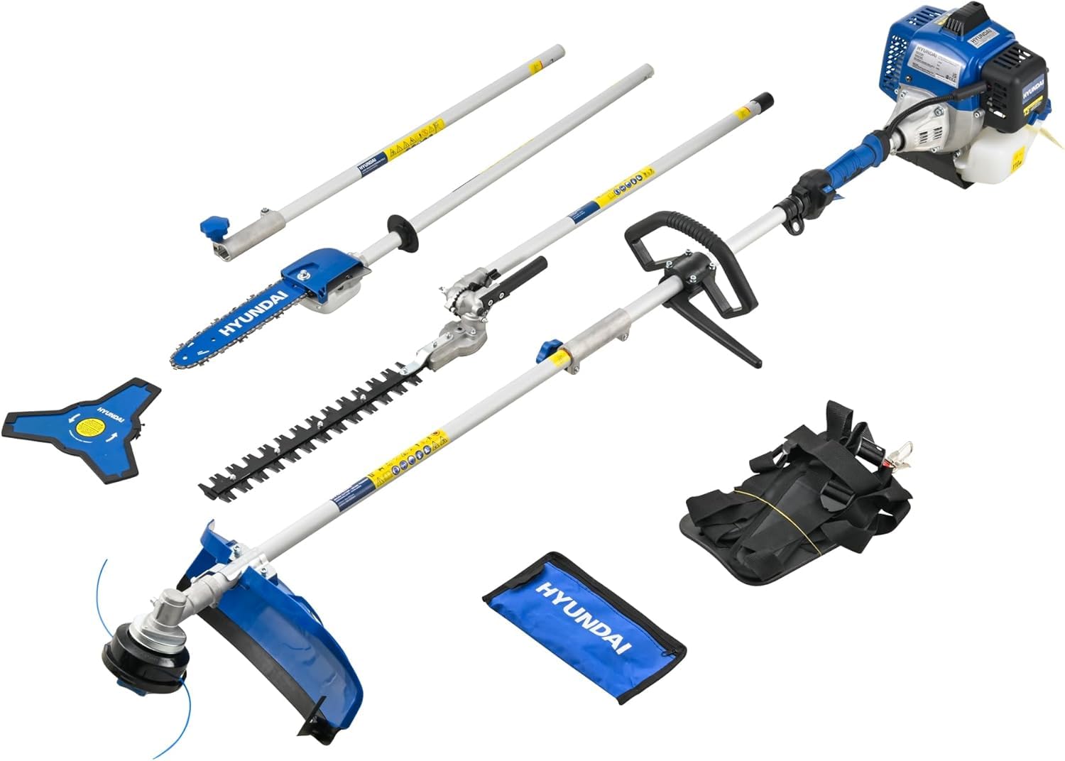 Hyundai Multi-​Tool Thermique 56 CC 5-​en-​1 – Débroussailleuse, Taille-​Haies, Scie Élagage & Accessoires, Arbre Séparable, Harnais Inclus, Système de Jardinage Polyvalent