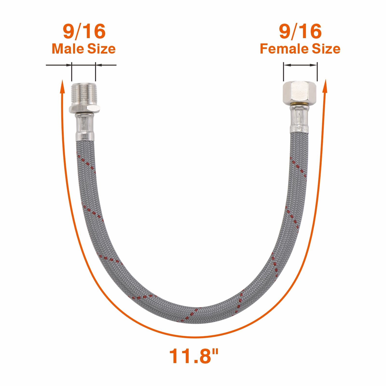 RULIA Conector de manguera de suministro de grifo, 11.8 pulgadas de largo x 9/16 hembra x 9/16 macho manguera de extensión de grifo, línea de suministro trenzada de nailon, paquete de 2, RB2030