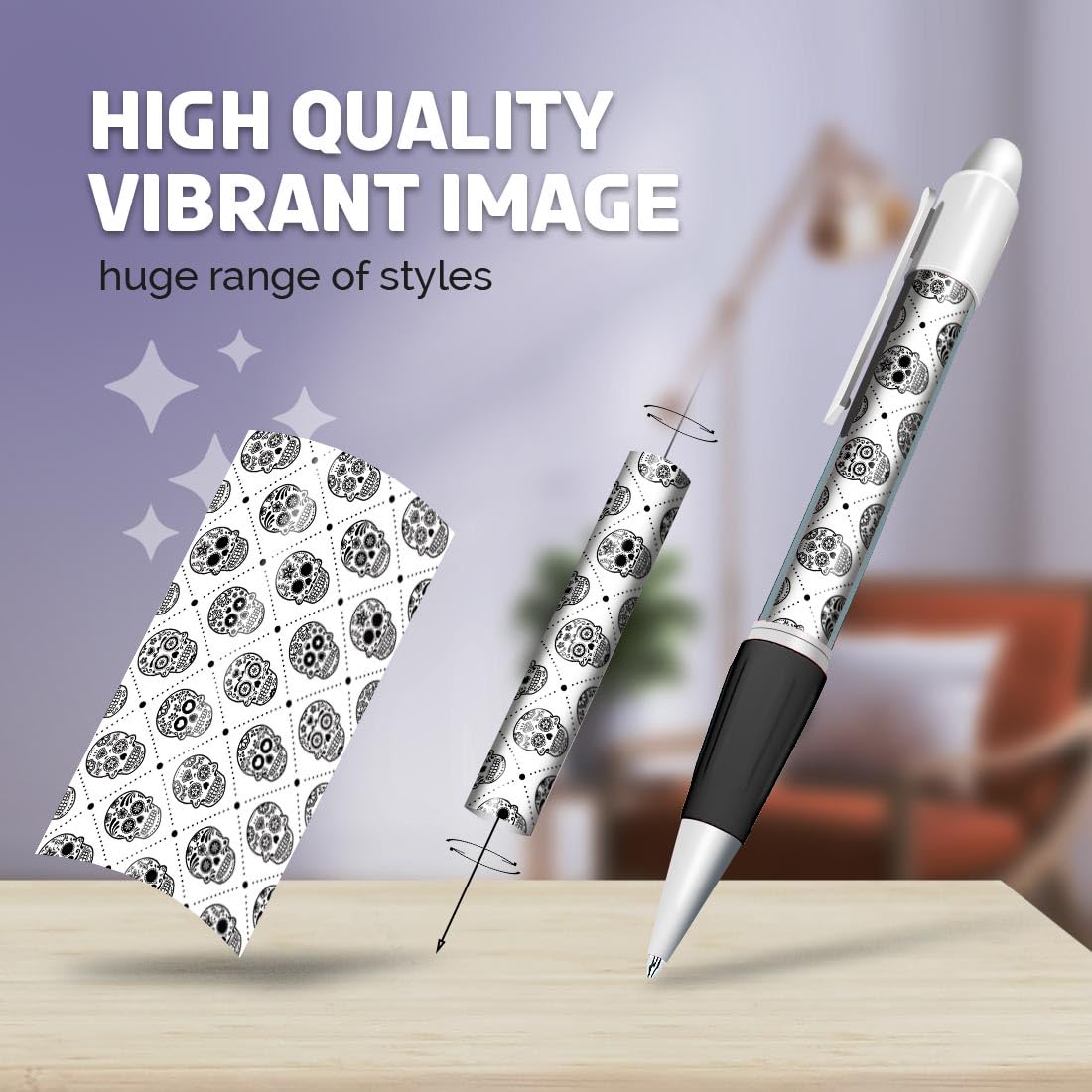 Set of 4 White Ballpoint Pens (Photo Insert) - Sugar Skull Pattern Day of the Dead - Soft Feel Finger Grip #170882 - Image 2