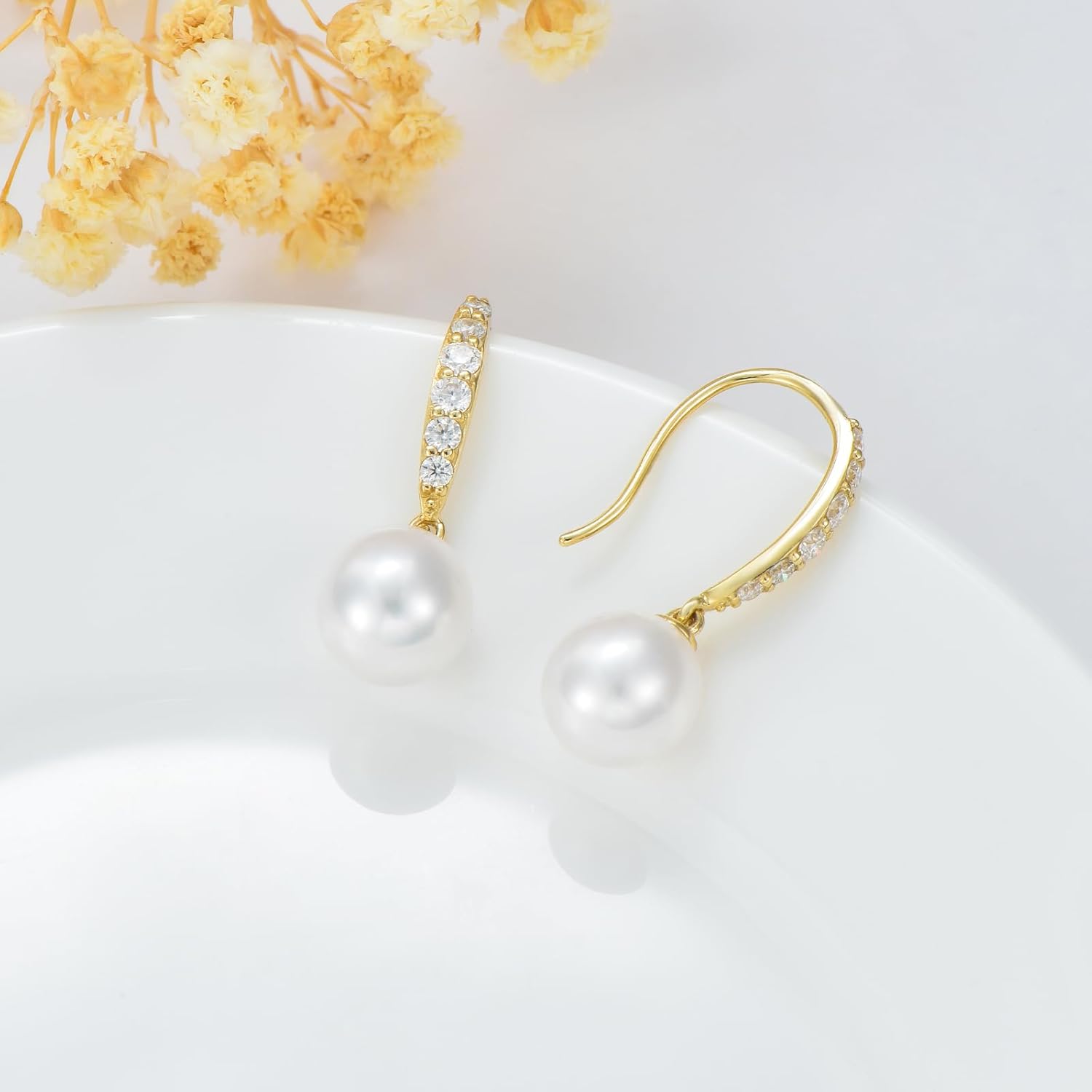 10k Gold Created Moissanite and Freshwater Cultured Pearl Dangle Earring for Women, Fine 10 Karat Gold Jewelry Gifts for Her