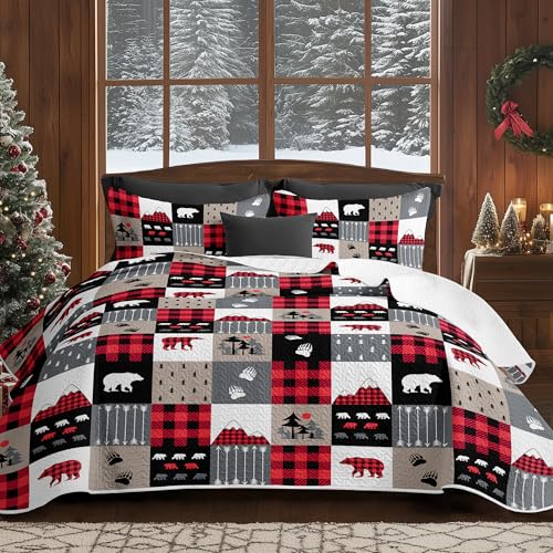 chiinvent Cabin Quilts King Size, Rustic Bedding, Country Cabin Bedding, Red Bedspread Coverlet Farmhouse Bear Patchwork Bedding Comforter (King Size, 2 Pillow Shams)