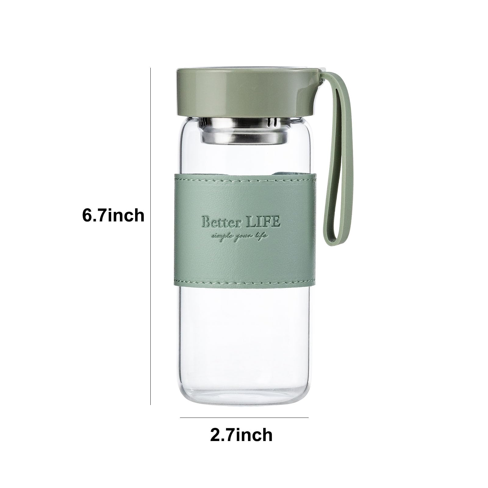 Glas-Tee-Flasche, 473 ml, mit rutschfestem Holster und Edelstahl-Tee-Ei, auslaufsicherer Deckel, tragbare Glas-Wasserflasche für Schule, Büro, Auto und Zuhause, als Geschenk usw. (grün)