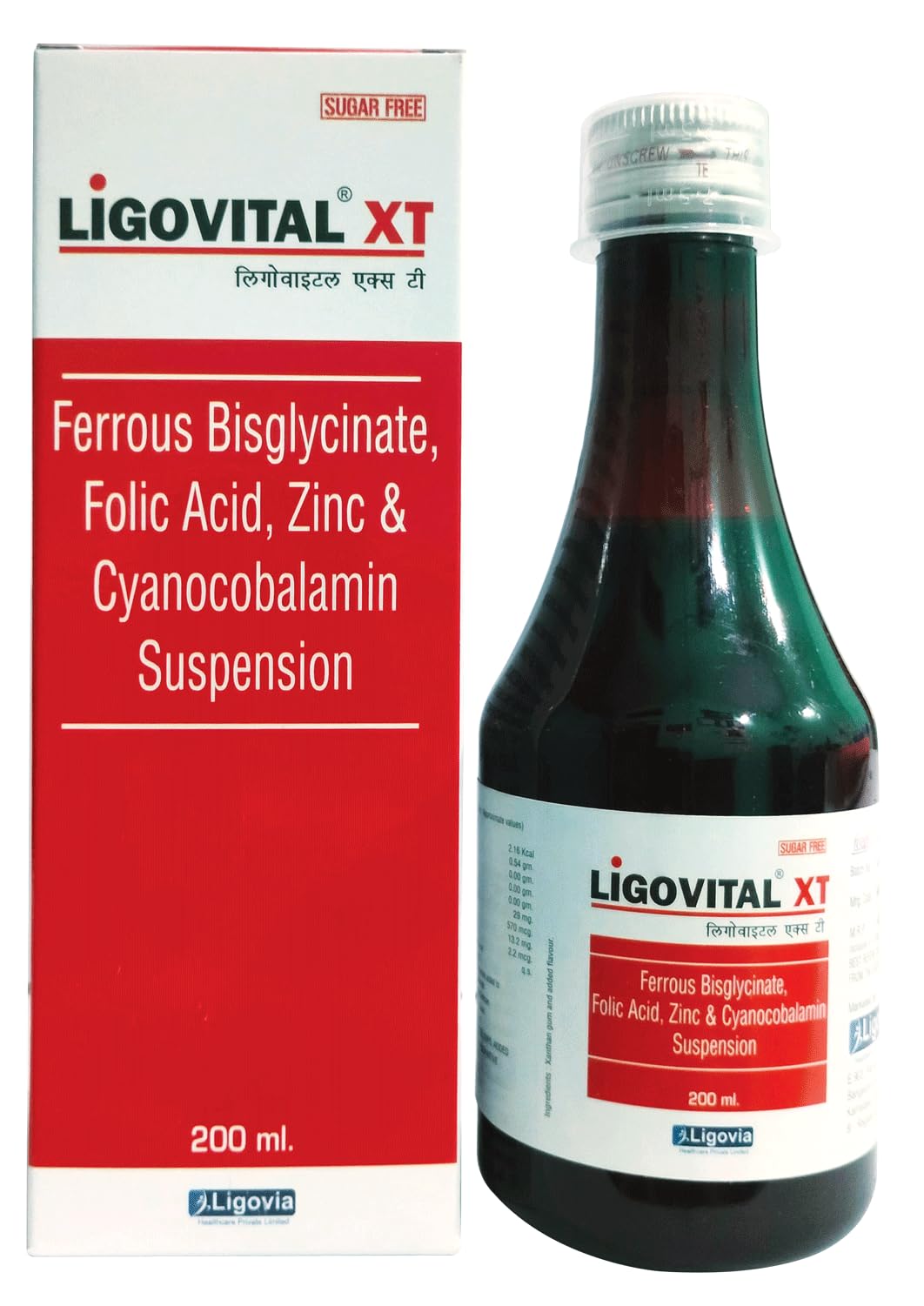 Ligovital-Xt Iron Syrup Ferrous Bisglycinate,Folic Acid,Zinc And Cyanocobalamin Supplements(200 Ml Pack Of 2)
