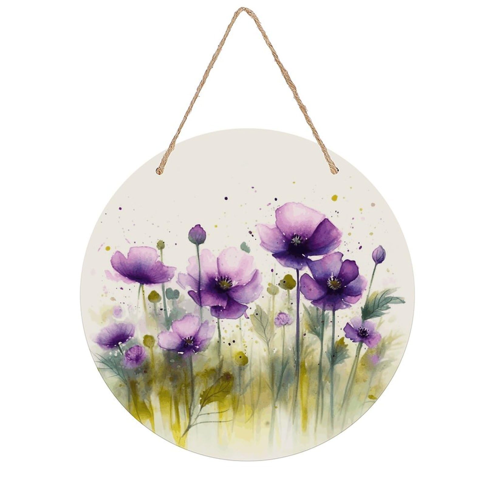 FekiLoot Watercolor Purple Flowers Wall Art Decor Round Wood Hanging Sign Decoration Wooden Circle Door Sign Round Hanging Decorative Wood Plaque Door Hanger for Home Outdoor Indoor Decoration