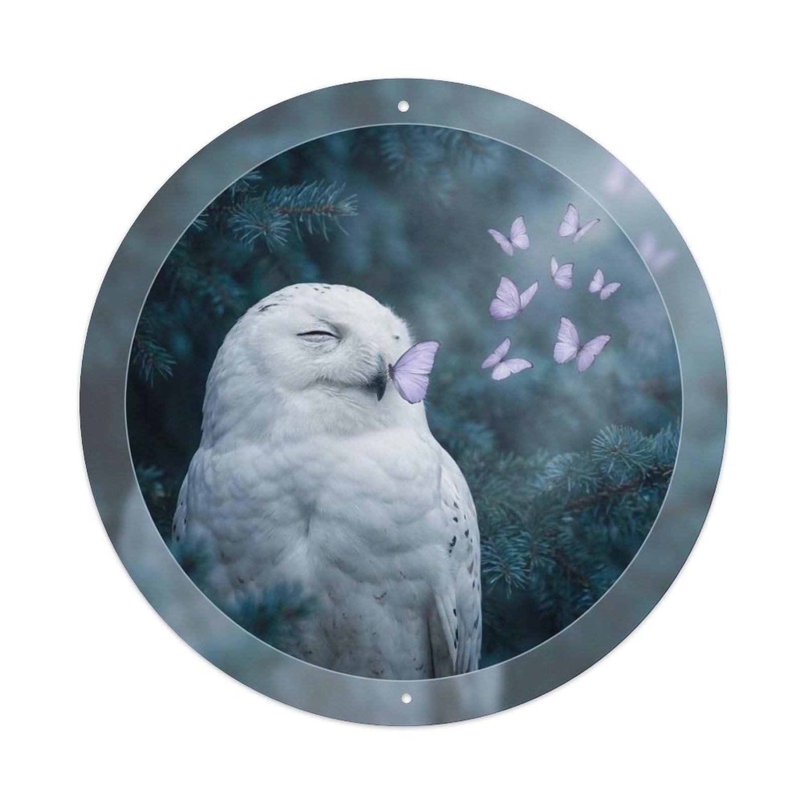 Lavender Butterfly Snowy Owl Arctic Wildlife Winter Dream Metal Tin Sign Plaque Wall Decor for Cafe, Man Cave, Club Bar, Office, Home Garden Round Metal Poster 8x8Inch