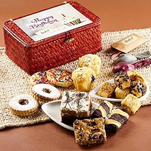 Dulcet Gift Baskets Happy Birthday Sampler Red Wicker Basket featuring Muffins Sprinkle Cookies, Candle, Balloons and more. Gift Box for Women, Kids, Friends, Family, Him, Her, Girls & Boys