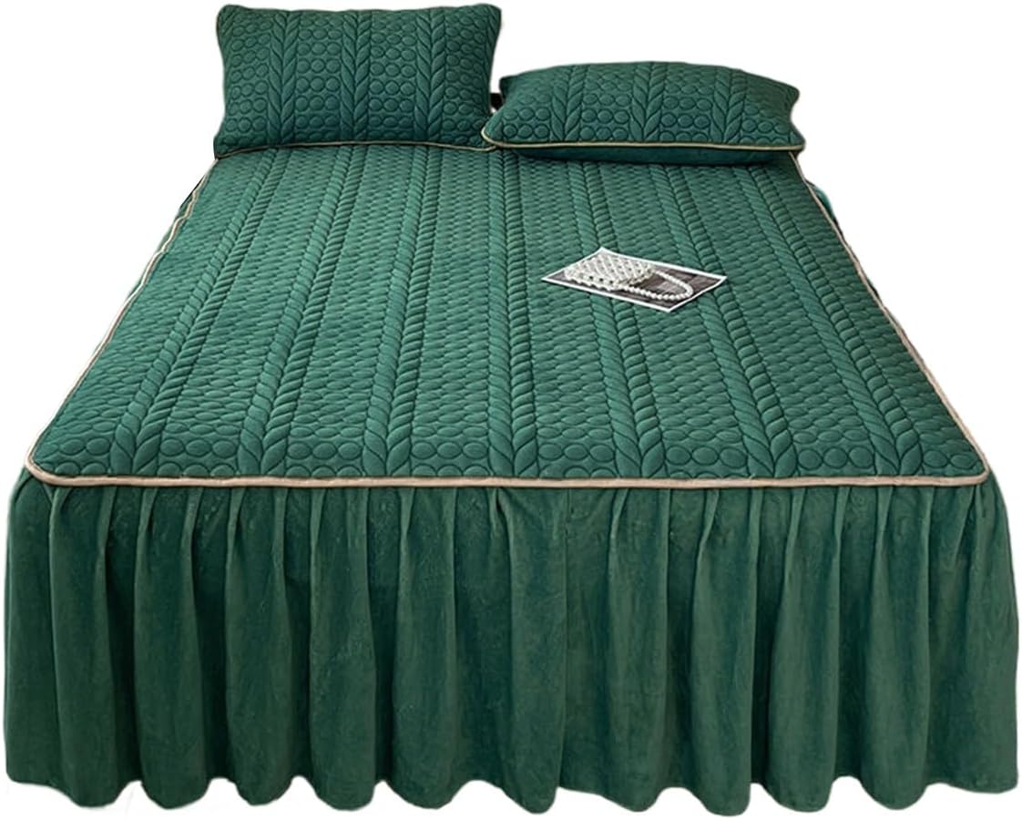 Warm Quilted Queen Bedspread with Ruffle Skirt, 17.7 Drop, Soft Crystal Velvet, Winter Bedding, Cal King Size 200x220cm, Mattress Protector in Gray Gray Twin-90x200cm