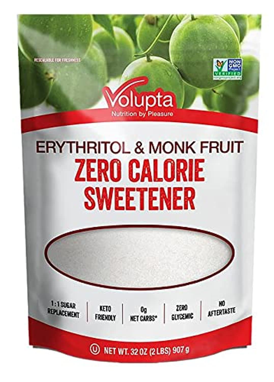 Volupta Erythritol & Monk Fruit Extract Sweetener , Zero Calorie Sweetener , Keto Friendly , 0g Of Net Carbs , Zero Glycemic , No Aftertaste , 907g