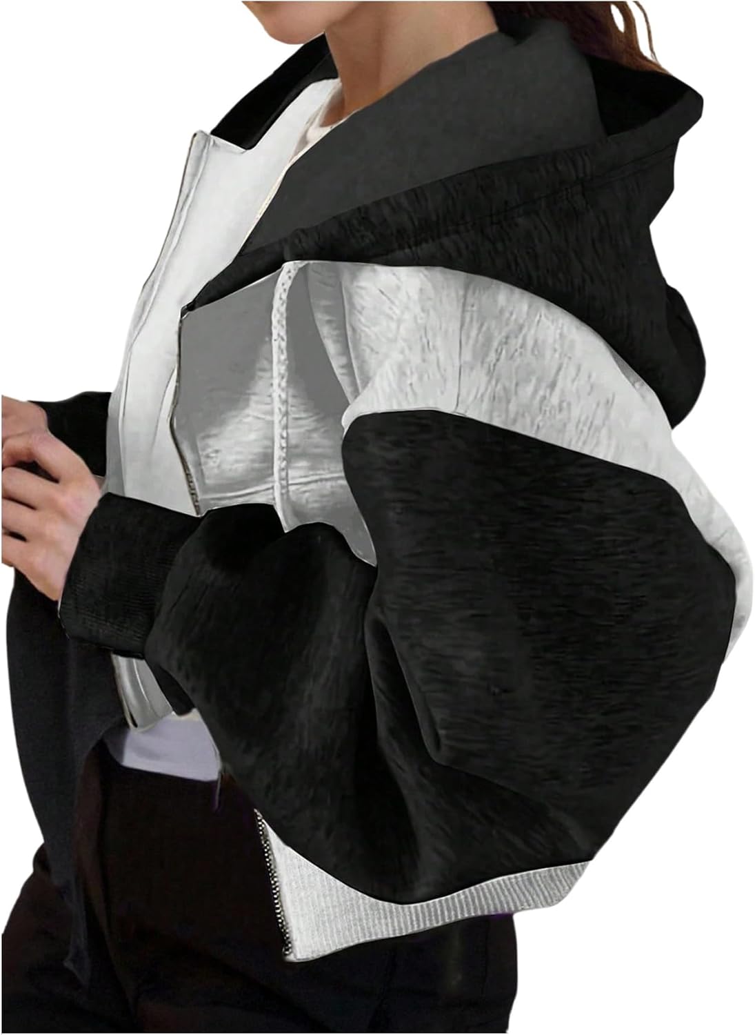 SweatyRocks Women's Cropped Zip Up Hoodies Fleece Color Block Drawstring Long Sleeve Jackets with Pocket