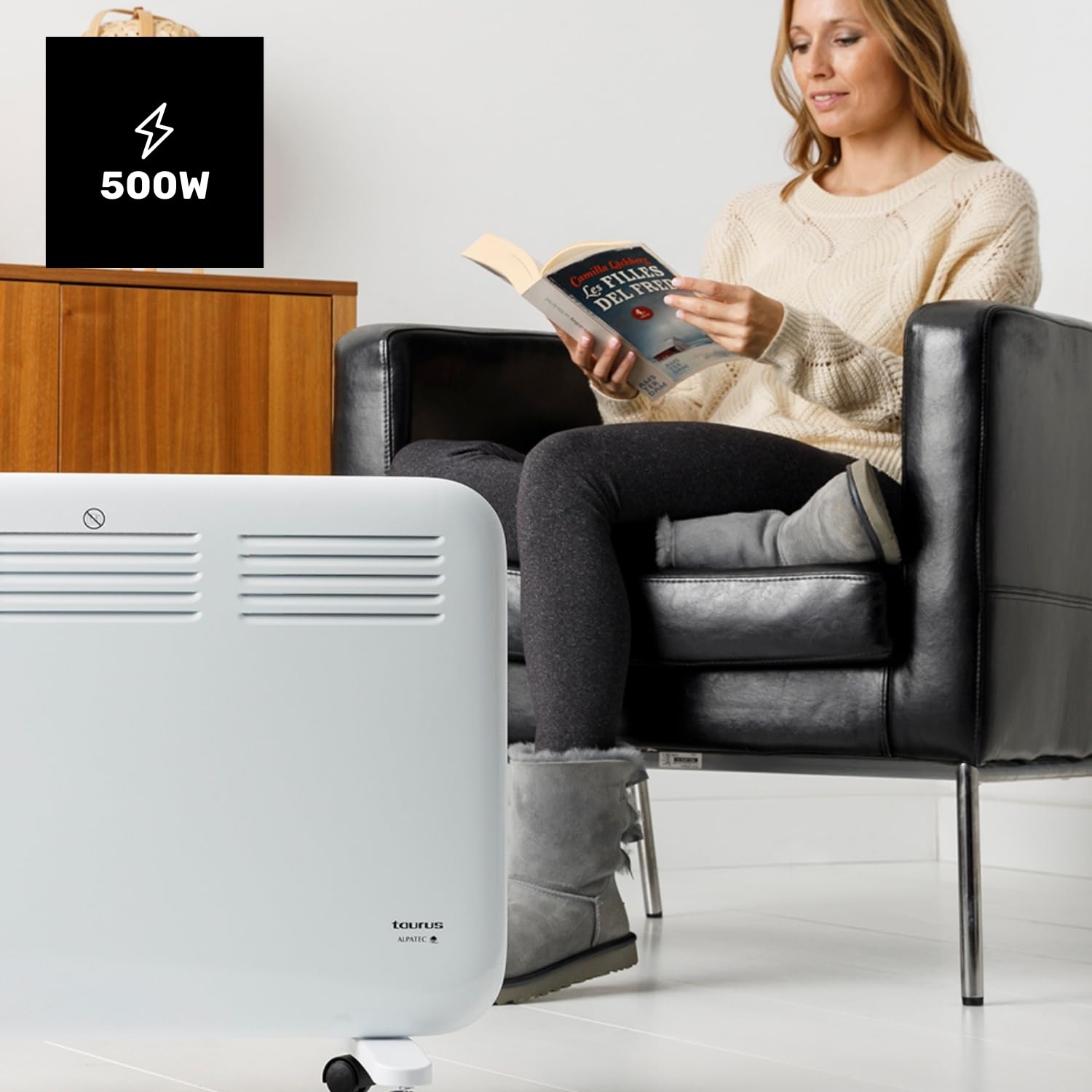 Taurus CHTA 500 - Convecteur électrique 500W, IP24 pour une utilisation en salle de bain, Support mural, Écran numérique, Programmable, Sécurité anti-chauffe, Capteur "Fenêtre ouverte", Blanc