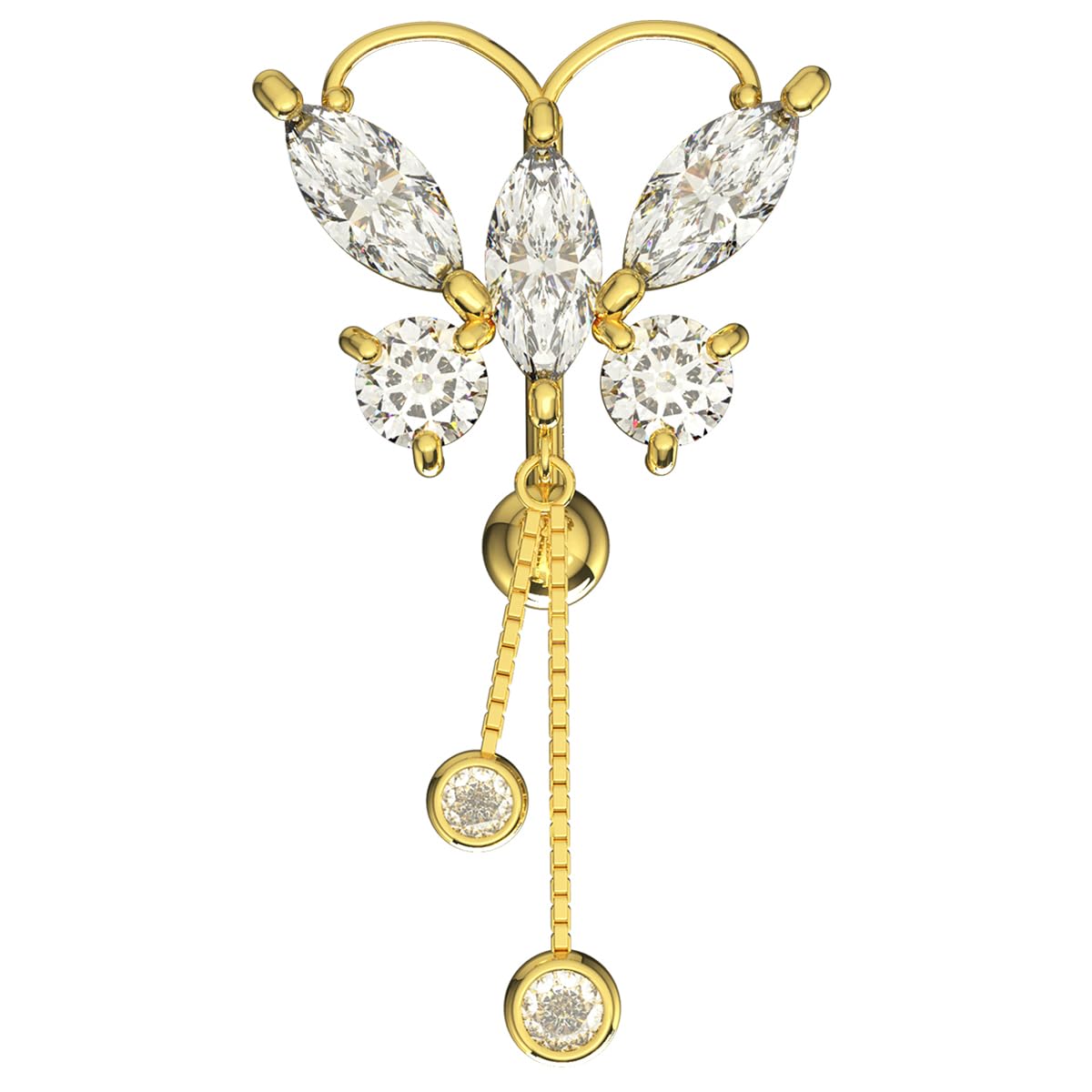 Monster Piercing Piercing para ombligo de oro amarillo macizo de 14 quilates con piedra circonita cúbica redonda en cadena colgante, calibre 14, joyería