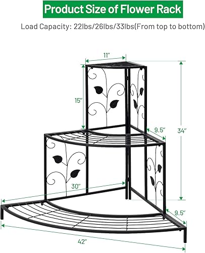 Miniatura 5 de Safstar - Soporte de esquina para plantas mentales de 3 niveles, estante de exhibición para macetas, estante de escalera a prueba de óxido, soportes