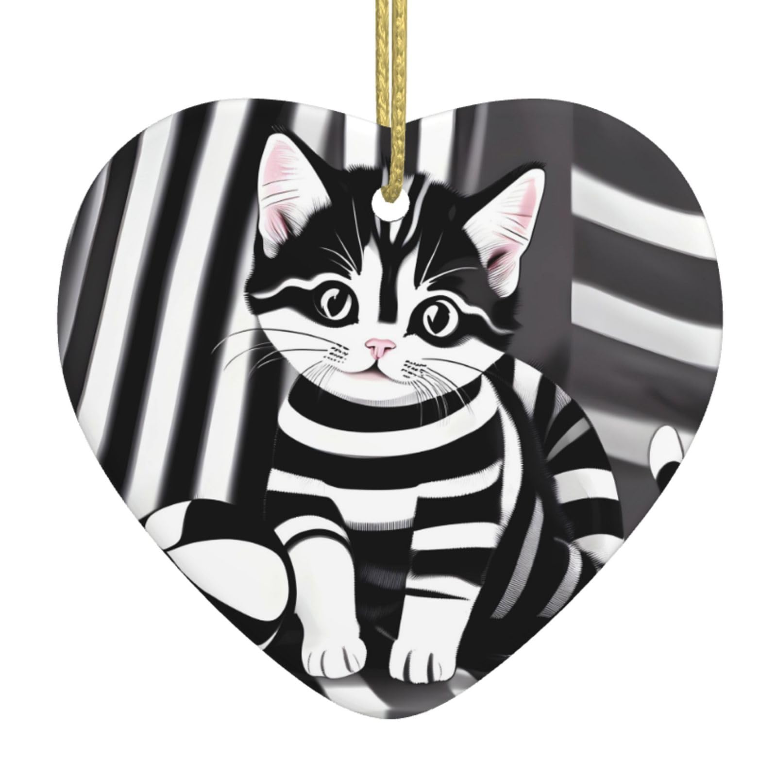 Black and White Striped Kitten Ceramic Christmas Heart Pendant with Silk Thread, Christmas Tree Home Decoration
