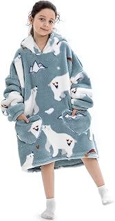 Erwinmu Blanket Hoodie for Children, Warm Sweatshirt Blanket, Oversized Hoodie, Comfy Blanket Sweatshirt, Flannel Cozy Giant Hoodie Wearable Blanket for Girls Boys Polar Bear Adolescents 7-12