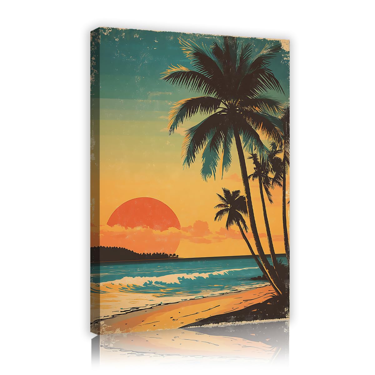 TOANGWALL Retro Beach Sunset Framed Canvas Artwork Vintage Palm Trees Sea Wave Island Landscape Illustration Giclee Printed Poster for Living Room Bedroom Decor 75x115cm