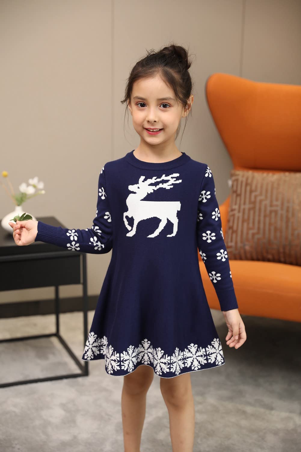 Smiling Pinker Girls Warm Ribbed Knit Dresses Xmas Reindeer Snowflake Jumper Swing Dress Santa Present