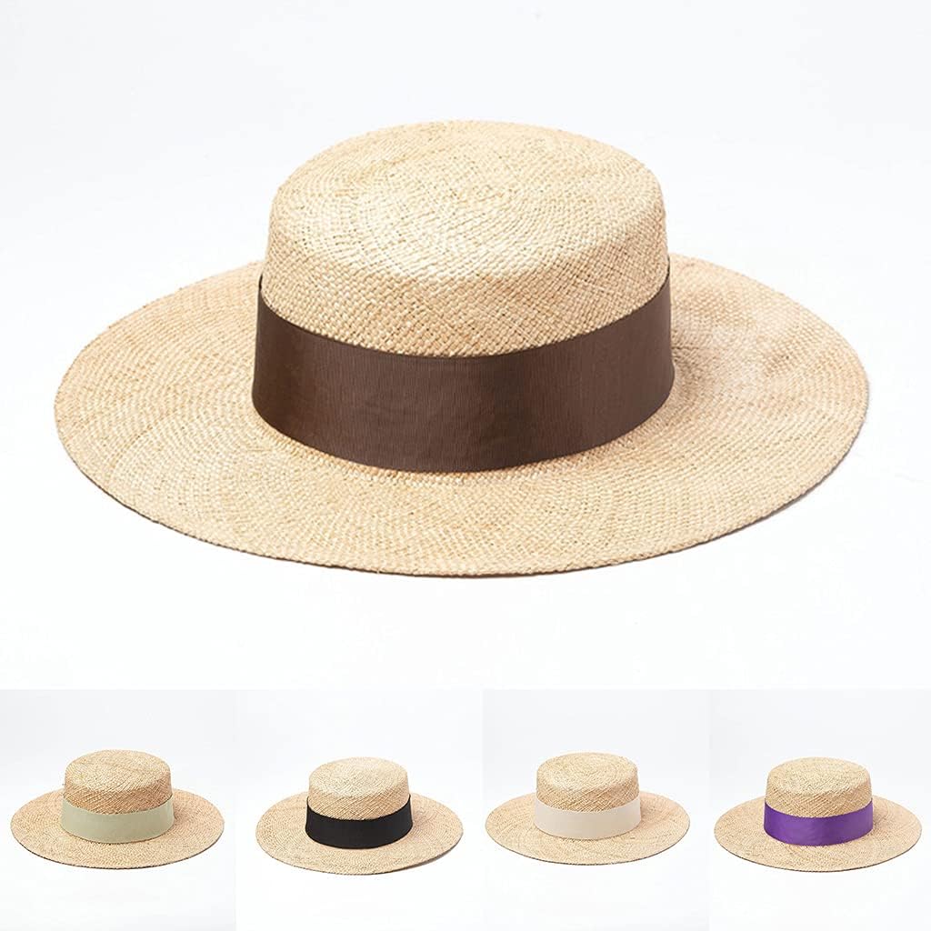Beach Flat Straw Hats Warp Knitting Fisherman Braid Band Caps for Face Sunscreen and UV for Protection Women ' s Sun Cap