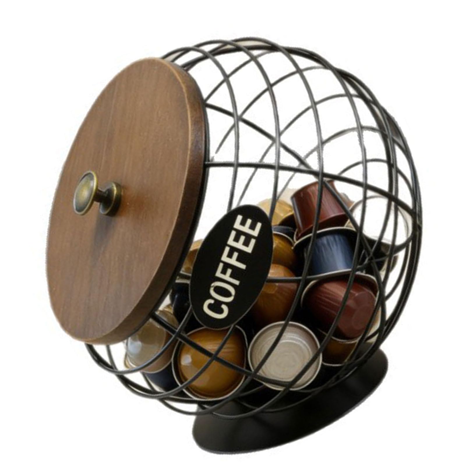 Msioytog Multicolor Spherical Coffee Holder Organizes Coffee Items And Jars Featuring Sturdy Iron Frame And Wooden Lid For Kitchen Or Work Area Medication Dispenser