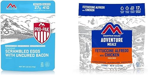 Mountain House Huevos y tocino, sin gluten, liofilizados y Mountain House Fettuccine Alfredo con pollo