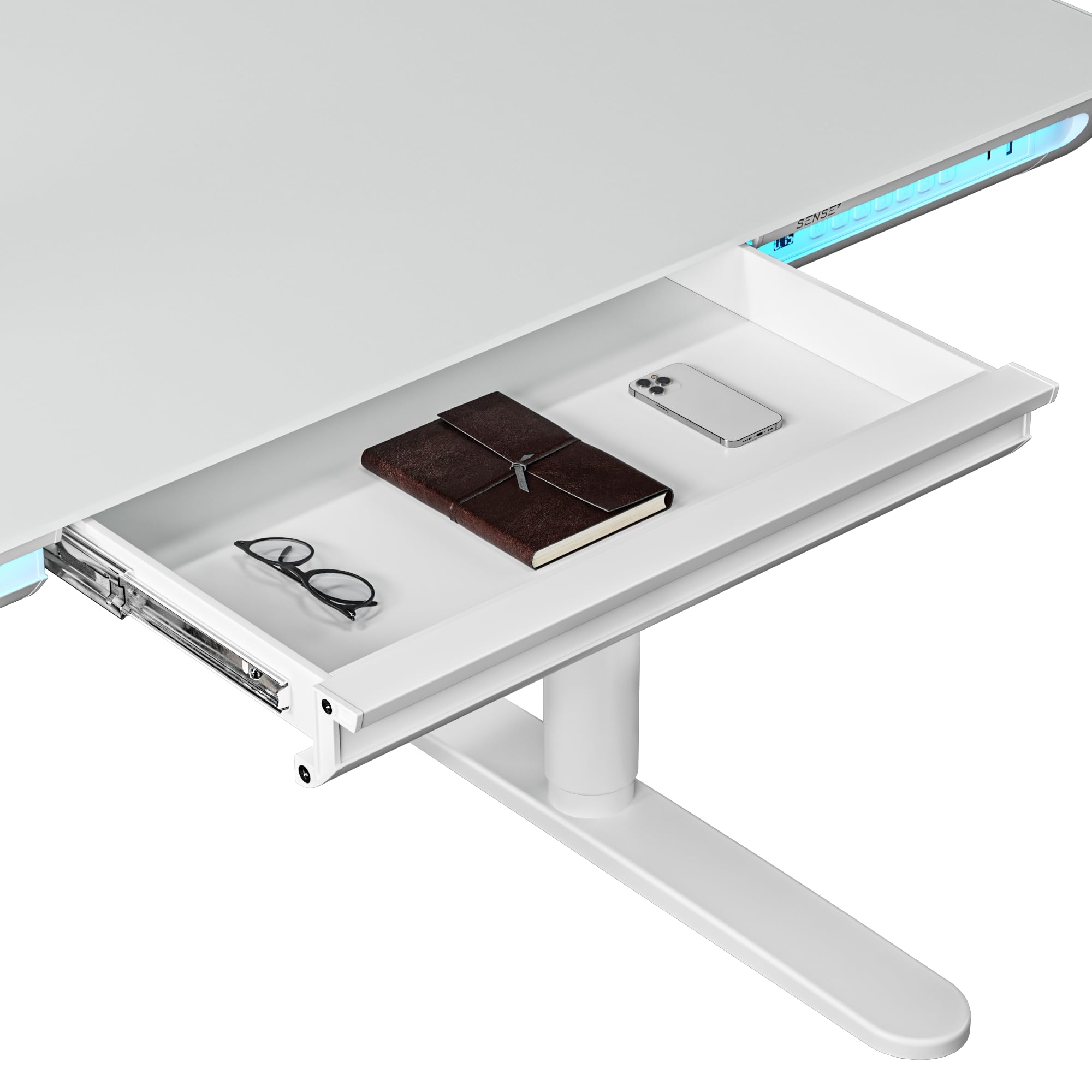 SENSE7 Nomo LED Gaming Schreibtisch, 120x60cm, Höhenverstellbar, USB-C, USB 3.0, Glas, Schublade, Haken, Modern, Weiß, Erwachsener, Home Office, Büro, Lernzimmer, Wohnzimmer